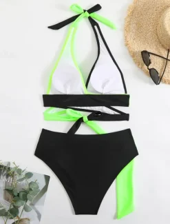 New Women's Swimwear Bikini 2 Piece Briefs Swimsuit Backless Slim Vacation Beach Wear Solid Color V Neck Sleeveless Bathing Suits Women Bikinis