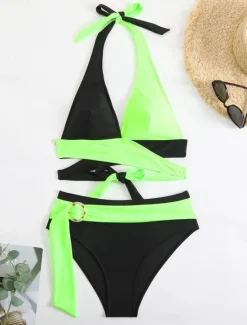 New Women's Swimwear Bikini 2 Piece Briefs Swimsuit Backless Slim Vacation Beach Wear Solid Color V Neck Sleeveless Bathing Suits Women Bikinis