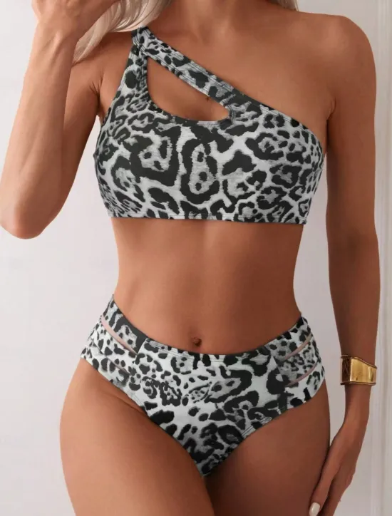 Clearance Women's Swimwear Bikini 2 Piece Cheeky Swimsuit Backless Slim Vacation Beach Wear Leopard Asymmetric Neck Sleeveless Bathing Suits Women Leopard Swimwear|Bikinis