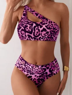 Clearance Women's Swimwear Bikini 2 Piece Cheeky Swimsuit Backless Slim Vacation Beach Wear Leopard Asymmetric Neck Sleeveless Bathing Suits Women Leopard Swimwear|Bikinis