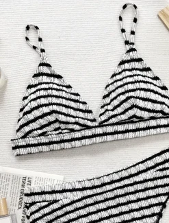 Online Women's Swimwear Bikini 2 Piece Briefs Swimsuit Backless Slim Vacation Beach Wear Stripe V Neck Sleeveless Bathing Suits Women Bikinis