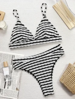Online Women's Swimwear Bikini 2 Piece Briefs Swimsuit Backless Slim Vacation Beach Wear Stripe V Neck Sleeveless Bathing Suits Women Bikinis