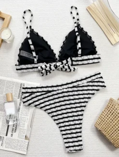 Online Women's Swimwear Bikini 2 Piece Briefs Swimsuit Backless Slim Vacation Beach Wear Stripe V Neck Sleeveless Bathing Suits Women Bikinis
