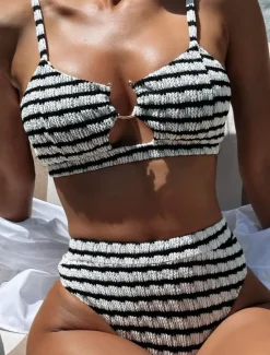 Clearance Women's Swimwear Bikini 2 Piece Briefs Swimsuit Backless Slim High Waisted Vacation Beach Wear Stripe V Neck Sleeveless Bathing Suits Women Bikinis