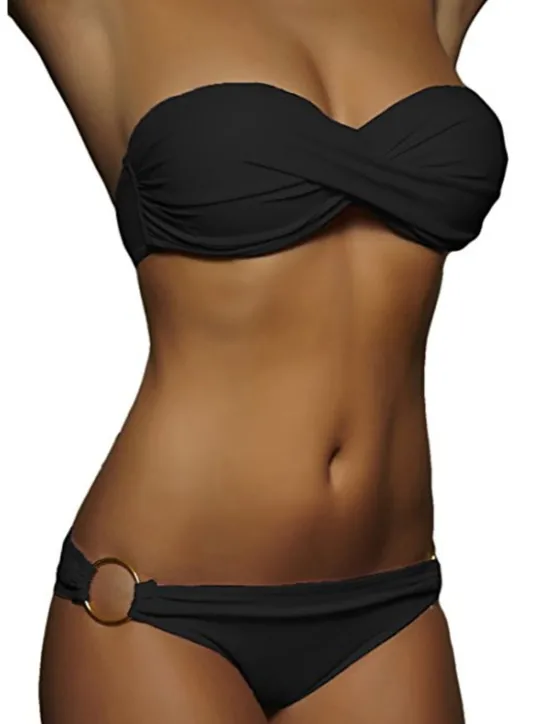 Outlet Women's Swimwear Bikini 2 Piece Cheeky Swimsuit Ruched 2 Piece Open Back Sexy Beach Wear Sexy Plain Pure Color Strapless Sleeveless Bathing Suits Women Bikinis