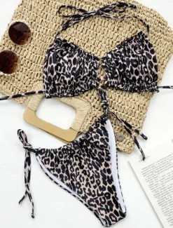 Outlet Women's Swimwear Bikini 2 Piece Cheeky Swimsuit Backless Slim Vacation Beach Wear Solid Color Leopard Halter Neck Sleeveless Bathing Suits Women Leopard Swimwear|Bikinis