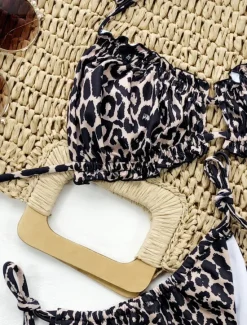 Outlet Women's Swimwear Bikini 2 Piece Cheeky Swimsuit Backless Slim Vacation Beach Wear Solid Color Leopard Halter Neck Sleeveless Bathing Suits Women Leopard Swimwear|Bikinis