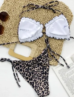 Outlet Women's Swimwear Bikini 2 Piece Cheeky Swimsuit Backless Slim Vacation Beach Wear Solid Color Leopard Halter Neck Sleeveless Bathing Suits Women Leopard Swimwear|Bikinis