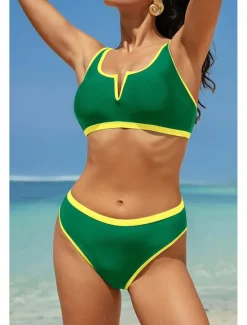 Discount Women's Swimwear Bikini 2 Piece Swimsuit Backless Patchwork Tropical Beach Wear Color Block V Neck Sleeveless Bathing Suits Women Bikinis