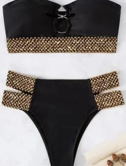 Clearance Women's Swimwear Bikini 2 Piece Cheeky Swimsuit Backless Slim Vacation Beach Wear Geometric Strapless Sleeveless Bathing Suits Women Bikinis