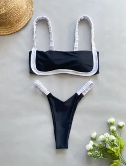 Sale Women's Swimwear Bikini 2 Piece Thong Swimsuit Backless Slim Vacation Beach Wear Solid Color U Neck Sleeveless Bathing Suits Women Bikinis