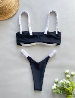 Sale Women's Swimwear Bikini 2 Piece Thong Swimsuit Backless Slim Vacation Beach Wear Solid Color U Neck Sleeveless Bathing Suits Women Bikinis