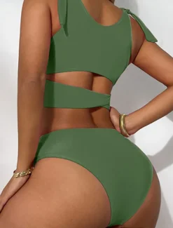 New Women's Swimwear Bikini 2 Piece Cheeky Swimsuit Backless Slim Vacation Beach Wear Solid Color U Neck Sleeveless Bathing Suits Women Bikinis