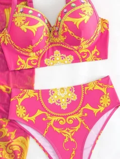 Women's Swimwear Bikini 2 Piece Skirt Swimsuit Backless Slim Vacation Beach Wear Floral Halter Neck Sleeveless Bathing Suits Women Bikinis