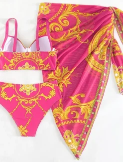 Women's Swimwear Bikini 2 Piece Skirt Swimsuit Backless Slim Vacation Beach Wear Floral Halter Neck Sleeveless Bathing Suits Women Bikinis