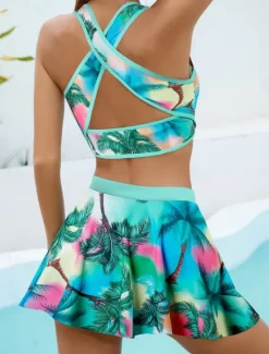 New Women's Swimwear Bikini 2 Piece Skirt Swimsuit Backless Slim Vacation Beach Wear Floral V Neck Sleeveless Bathing Suits Women Bikinis