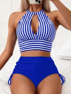 Women's Swimwear Bikini Boy Leg Swimsuit Backless Drawstring High Waist Slim Vacation Beach Wear Striped Halter Neck Sleeveless Bathing Suits Women Bikinis