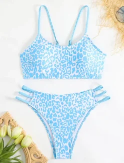 Sale Women's Swimwear Bikini Cheeky Swimsuit Backless High Waist Slim Vacation Beach Wear Leopard V Neck Sleeveless Bathing Suits Women Leopard Swimwear|Bikinis