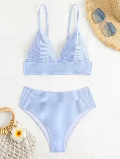 Best Women's Swimwear Bikini Cheeky Swimsuit Backless High Waist Slim Vacation Beach Wear Striped V Neck Sleeveless Bathing Suits Women Bikinis