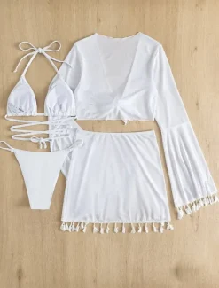 Discount Women's Swimwear Bikini Cheeky Swimsuit Backless Slim Fringe Vacation Beach Wear Solid Color Halter Neck Long Sleeve Bathing Suits Women Bikinis