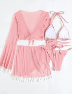 Discount Women's Swimwear Bikini Cheeky Swimsuit Backless Slim Fringe Vacation Beach Wear Solid Color Halter Neck Long Sleeve Bathing Suits Women Bikinis