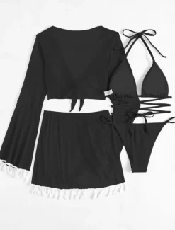 Discount Women's Swimwear Bikini Cheeky Swimsuit Backless Slim Fringe Vacation Beach Wear Solid Color Halter Neck Long Sleeve Bathing Suits Women Bikinis