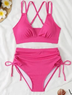 Online Women's Swimwear Bikini Cheeky Swimsuit Backless Patchwork Sexy Solid Color V Neck Sleeveless Bathing Suits Women Bikinis