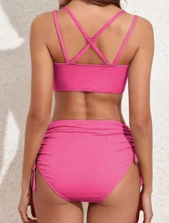 Online Women's Swimwear Bikini Cheeky Swimsuit Backless Patchwork Sexy Solid Color V Neck Sleeveless Bathing Suits Women Bikinis