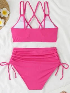 Online Women's Swimwear Bikini Cheeky Swimsuit Backless Patchwork Sexy Solid Color V Neck Sleeveless Bathing Suits Women Bikinis