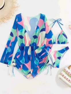 New Women's Swimwear Bikini Monokini Three Piece Cheeky Swimsuit Backless Slim Vacation Beach Wear Color Block Halter Neck Sleeveless Long Sleeve Bathing Suits Women Bikinis