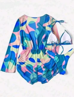 New Women's Swimwear Bikini Monokini Three Piece Cheeky Swimsuit Backless Slim Vacation Beach Wear Color Block Halter Neck Sleeveless Long Sleeve Bathing Suits Women Bikinis