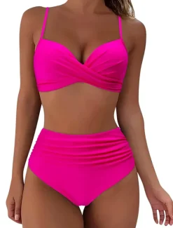 Online Women's Swimwear Bikini Shorts Swimsuit 2 Piece High Waisted Beach Wear Basic Plain Sleeveless Bathing Suits Women Bikinis