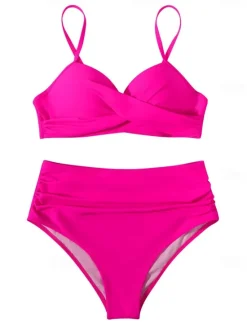 Online Women's Swimwear Bikini Shorts Swimsuit 2 Piece High Waisted Beach Wear Basic Plain Sleeveless Bathing Suits Women Bikinis