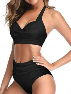 Online Women's Swimwear Bikini Shorts Swimsuit Halter 2 Piece Criss Cross Stylish Push Up Plain Sleeveless Bathing Suits Women Bikinis