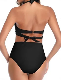 Online Women's Swimwear Bikini Shorts Swimsuit Halter 2 Piece Criss Cross Stylish Push Up Plain Sleeveless Bathing Suits Women Bikinis