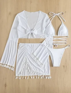 New Women's Swimwear Bikini Skirt Swimsuit Backless Slim Vacation Beach Wear Solid Color Halter Neck Sleeveless Long Sleeve Bathing Suits Women Bikinis
