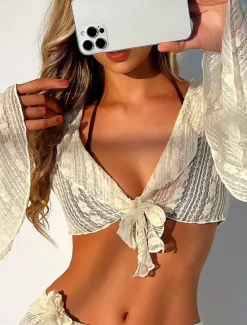 Hot Women's Swimwear Bikini Swimsuit Plunge Slim Vacation Beach Wear Solid Color V Neck Long Sleeve Bathing Suits Women Tankinis