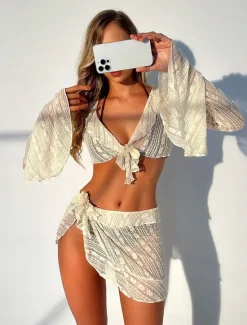 Hot Women's Swimwear Bikini Swimsuit Plunge Slim Vacation Beach Wear Solid Color V Neck Long Sleeve Bathing Suits Women Tankinis