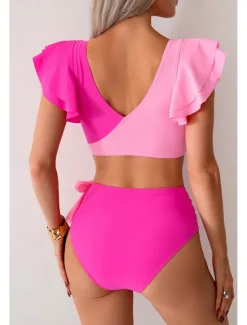 Clearance Women's Swimwear Bikini Swimsuit High Waisted Tropical Beach Wear Color Block V Wire Sleeveless Bathing Suits Women Bikinis