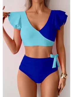 Clearance Women's Swimwear Bikini Swimsuit High Waisted Tropical Beach Wear Color Block V Wire Sleeveless Bathing Suits Women Bikinis