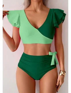Clearance Women's Swimwear Bikini Swimsuit High Waisted Tropical Beach Wear Color Block V Wire Sleeveless Bathing Suits Women Bikinis