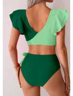 Clearance Women's Swimwear Bikini Swimsuit High Waisted Tropical Beach Wear Color Block V Wire Sleeveless Bathing Suits Women Bikinis