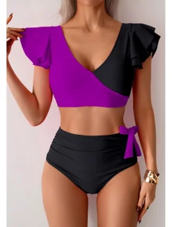 Clearance Women's Swimwear Bikini Swimsuit High Waisted Tropical Beach Wear Color Block V Wire Sleeveless Bathing Suits Women Bikinis