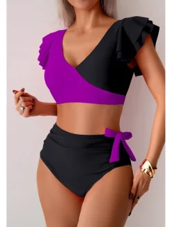 Clearance Women's Swimwear Bikini Swimsuit High Waisted Tropical Beach Wear Color Block V Wire Sleeveless Bathing Suits Women Bikinis