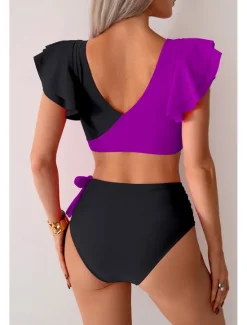 Clearance Women's Swimwear Bikini Swimsuit High Waisted Tropical Beach Wear Color Block V Wire Sleeveless Bathing Suits Women Bikinis
