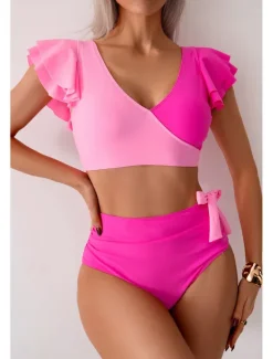 Clearance Women's Swimwear Bikini Swimsuit High Waisted Tropical Beach Wear Color Block V Wire Sleeveless Bathing Suits Women Bikinis
