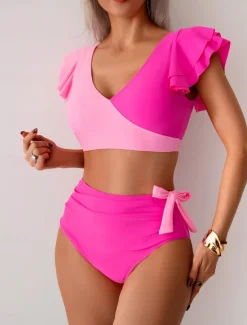 Clearance Women's Swimwear Bikini Swimsuit High Waisted Tropical Beach Wear Color Block V Wire Sleeveless Bathing Suits Women Bikinis