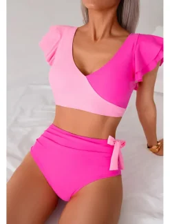 Clearance Women's Swimwear Bikini Swimsuit High Waisted Tropical Beach Wear Color Block V Wire Sleeveless Bathing Suits Women Bikinis