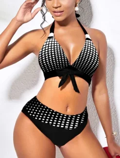 Online Women's Swimwear Bikini Tankini 2 Piece Monokini Cheeky Swimsuit Deep V Push Up Knitted Vacation Tropical Graphic Color Block Plunge Sleeveless Bathing Suits Women Bikinis
