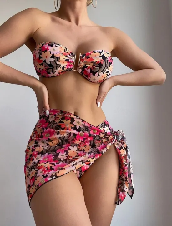 Discount Women's Swimwear Bikini Three Piece Skirt Swimsuit Backless Slim Vacation Beach Wear Floral Strapless Sleeveless Bathing Suits Women Bikinis
